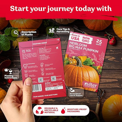 KVITER 25 Big Max Pumpkin Seeds for Planting (Cucurbita Pepo) – Giant Heirloom & Organic Pumpkin Seeds, Up to 100 lbs – Ideal Vegetable Seed Packets for Home Outdoor Garden