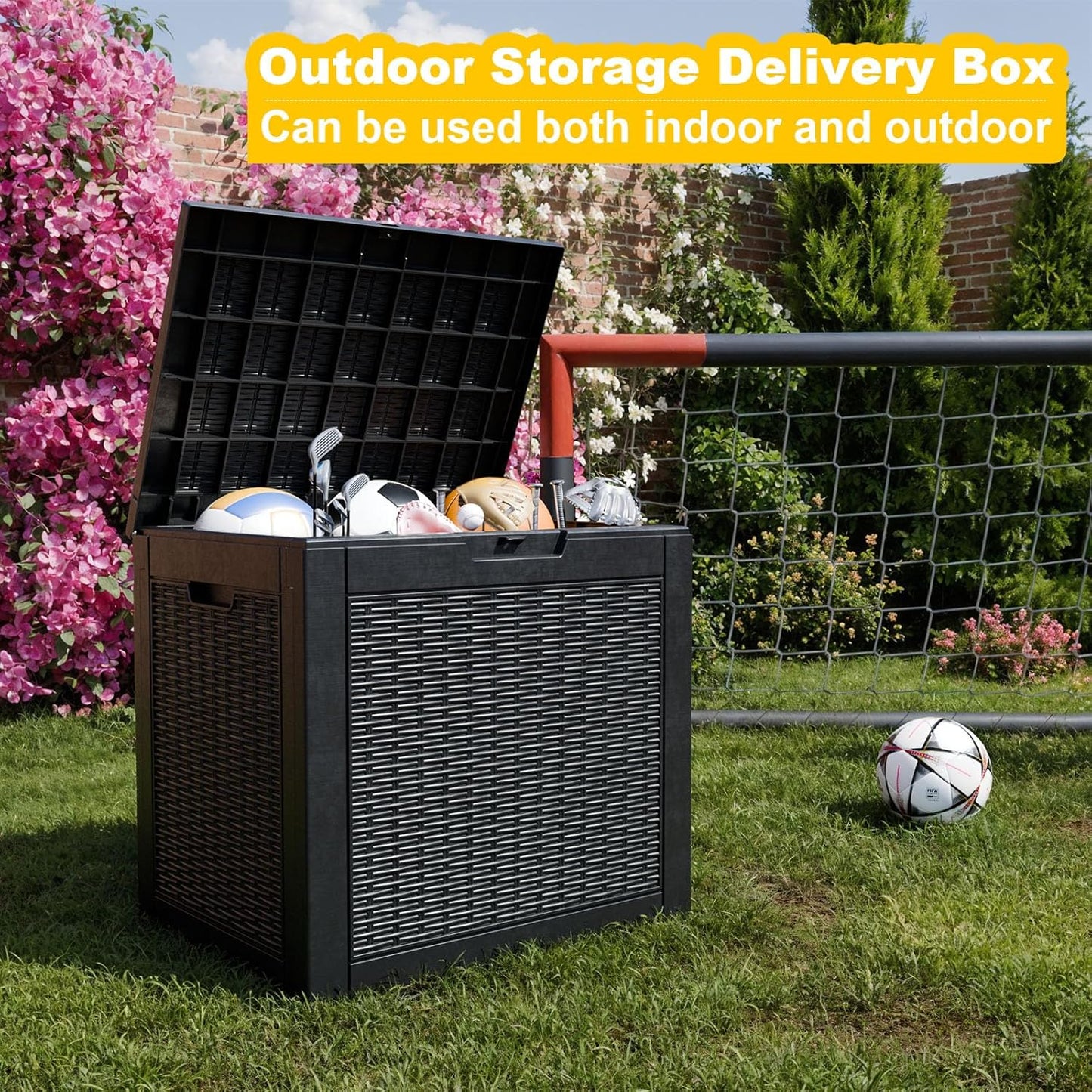 30 Gallon Wicker Pattern Resin Deck Box, Lockable Patio Outdoor Storage Box for Furniture, Garden Tools and Tools Storage, Waterproof Outside Storage Box - Black Rattan