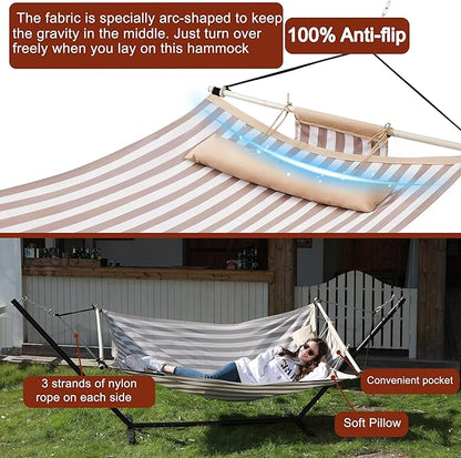 TegerDeger Anti-flip 12FT Hammock Large Hammock 450LB Capacity with Iron Spreader Bar & Nylon Rope for Outside, Patio, Garden, Backyard, Beach - Beige Strips