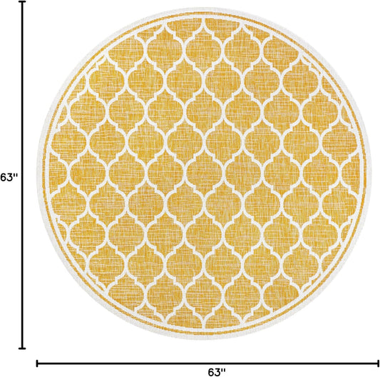 Eyely BMS109F-5R Santa Monica Trebol Moroccan Trellis Textured Weave Indoor/Outdoor Area Rug Coastal;Bohemian, Bedroom, Backyard, Patio, Easy-Cleaning, Non-Shedding, 5' Round, Yellow/Cream