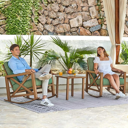 NATURAL EXPRESSIONS Rocking Bistro Set, 3 Piece Outdoor Patio Conversation Furniture Set with 2 Rockers and 1 Metal Coffee Table with Thick Cushions for Backyard,Porch,Poolside,300lbs
