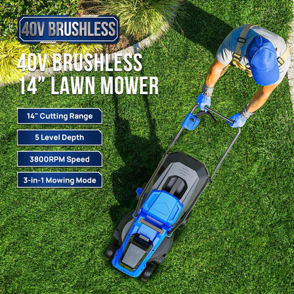Wild Badger Power Electric Lawn Mower 40V Brushless 14" Cordless&Push, 5 Cutting Height Adjustment, 4Ah Battery and Super Charger, Blue