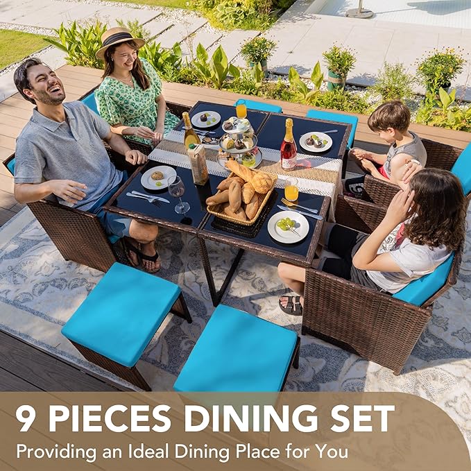 Devoko 9 Pieces Patio Dining Sets Outdoor Space Saving Rattan Chairs with Glass Table Patio Furniture Sets Cushioned Seating and Back Sectional Conversation Set (Blue)