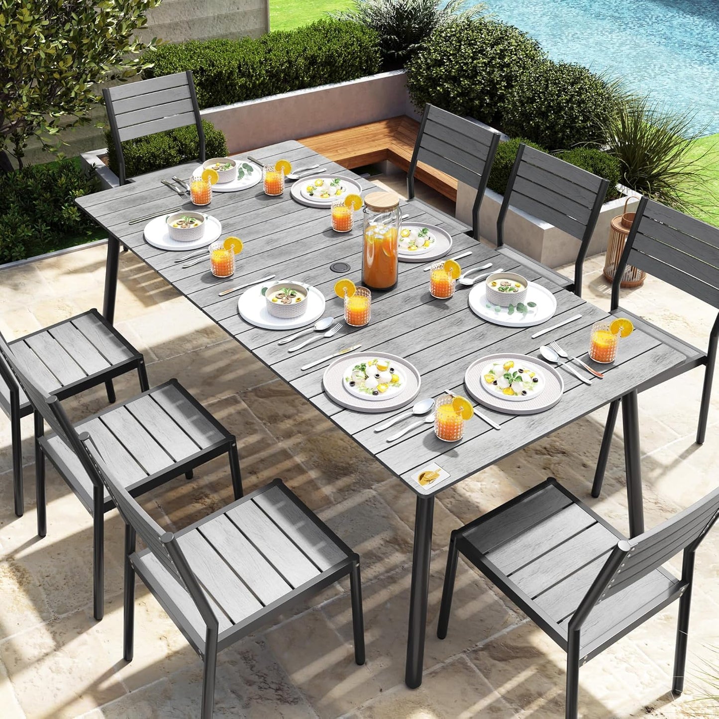 Outdoor Dining Table for 6-8, 82.7 inch Patio Dining Table with Wooden-Like Top and Aluminum Frame, Rectangular Table with Umbrella Hole Outdoor Furniture, Grey
