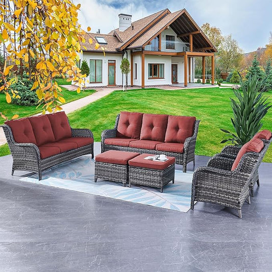 Rilyson Wicker Patio Furniture Sofa Set - 6 Piece Rattan Outdoor Patio Sectional Conversation Sets with 2 Sofa,2 Armrest Chairs and 2 Ottomans for Porch Deck Garden(Mixed Grey/Red)
