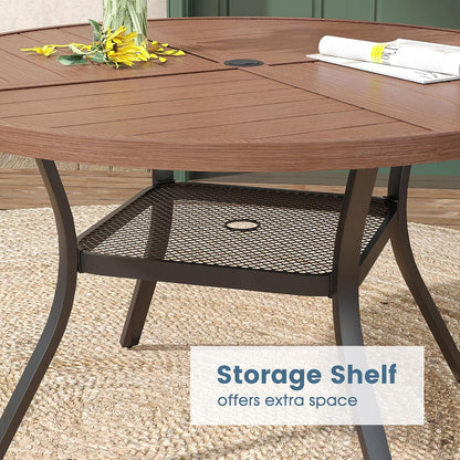 DIFY 40.6" Round Outdoor Patio Dining Table for 4, All-Weather Metal Steel Slatted Patio Table with 1.57" Adjustable Umbrella Hole, for Lawn Garden Porch Backyard, Walnut