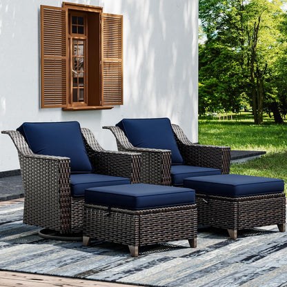 Joyside Wicker Patio Furniture Sets, 4 Pieces Upgraded Large Size Outdoor Furniture with Swivel Rocking Patio Chairs and Outdoor Ottoman, Thick Cushions, Wide Armrest