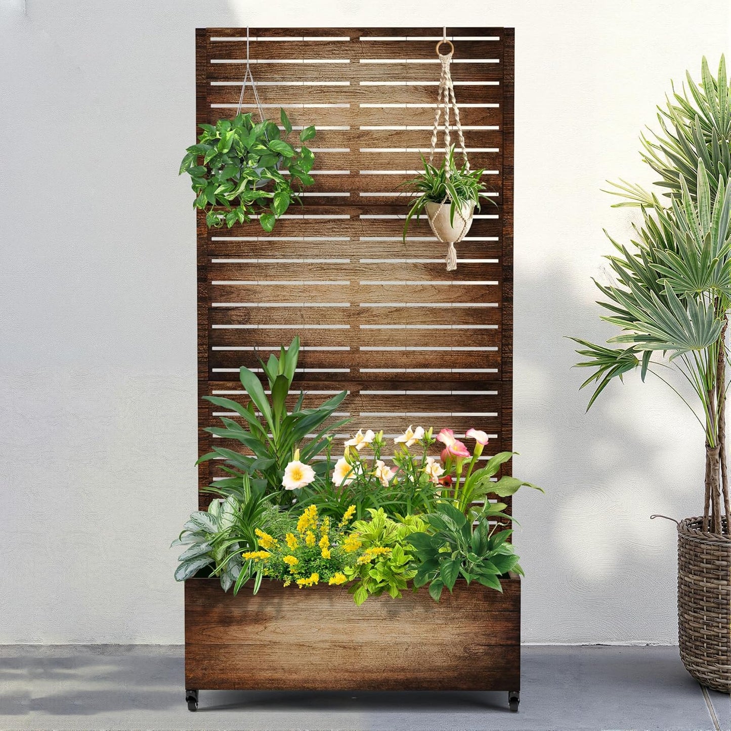 FENCY Metal Raised Garden Bed with Wheels and Trellis,73"x35"x16" Planter Box for Climbing Plants, Vegetables & Vines, Features Privacy Screen and Drainage Holes (Vintage Wood Color)