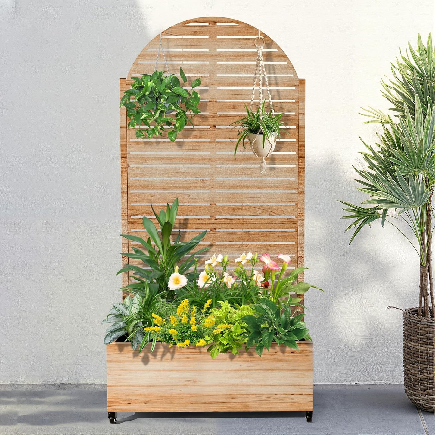 FENCY Metal Raised Garden Bed with Wheels and Trellis,Arched 73"x35"x16" Planter Box for Climbing Plants, Vegetables & Vines, Features Privacy Screen and Drainage Holes (Acacia Wood Finish)