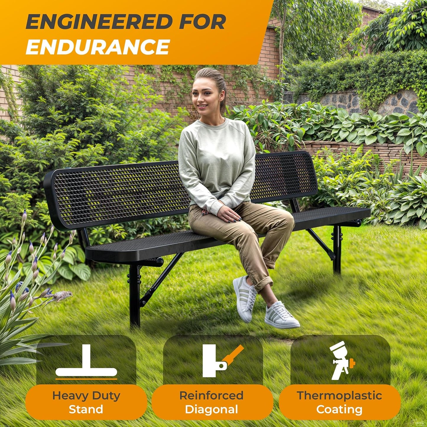 Heavy-Duty Outdoor Metal Bench, Thermoplastic-Coated, Inground, Weatherproof, Commercial-Grade for Parks, Gardens, Patios, Stores & More (8 Ft - Inground with Back, Black)