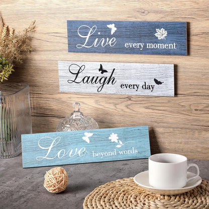 Jetec 3 Pieces Rustic Wood Sign Wall Decor Live Love Blessed Family and Love Quote Sign Farmhouse Wall Mount Decoration for Home Kitchen Living Room, 12 x 3 x 0.2 Inch(Blue Series,Classic)