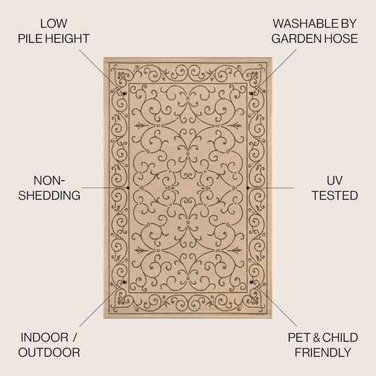 JONATHAN Y SMB106A-5R Charleston Vintage Filigree Textured Weave Indoor Outdoor Area Rug Classic Coastal Easy-Cleaning Bedroom Kitchen Backyard Patio Non Shedding, 5' Round, Beige/Brown