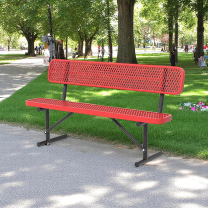 Heavy Duty Park Bench with Back Portable Frame, Outdoor Steel Bench with Backrest, Red Metal Bench Seat Expanded Metal Mesh Bench for Lawn, Park, Deck, Garden, Patio, Porch, Black (Red, 6FT)