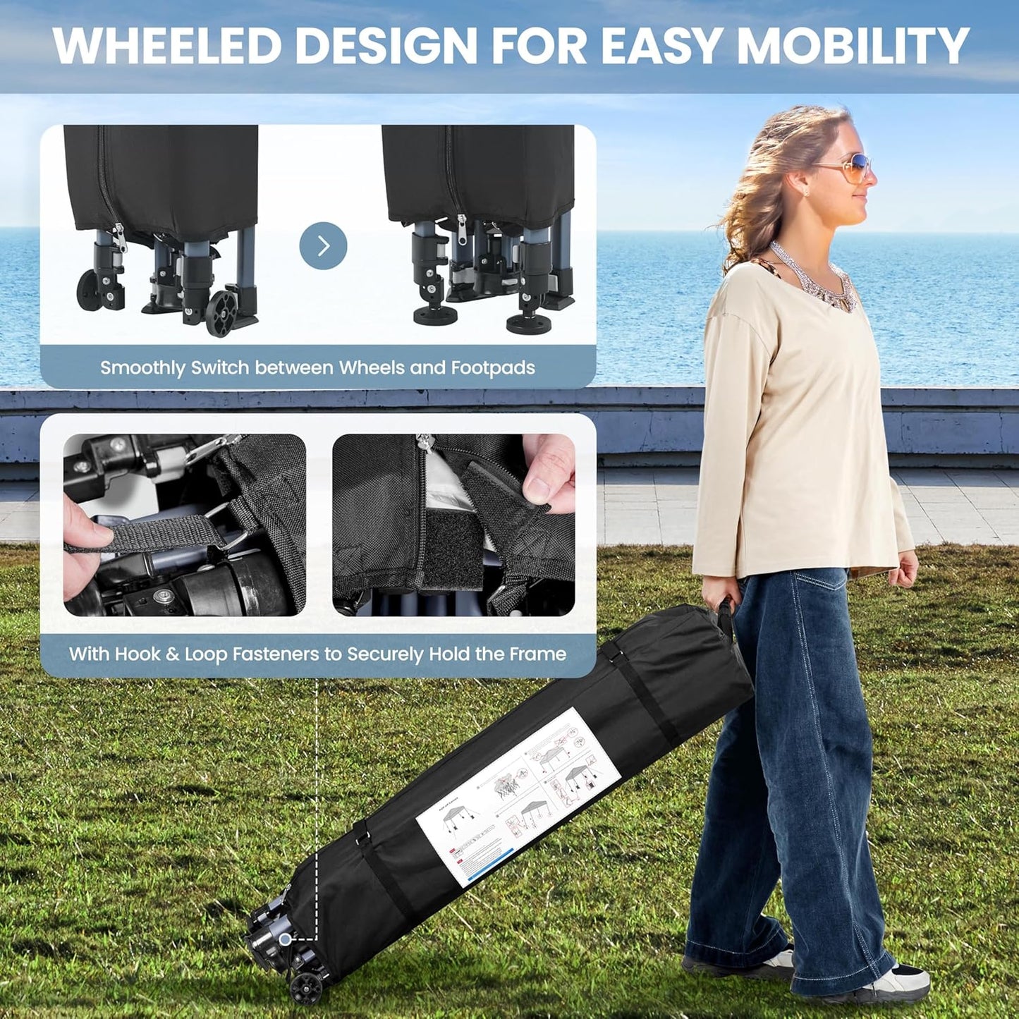 Yaheetech 10x10 Pop-up Canopy Tent w/ 2 Integrated Wheels for Mobility, Waterpoof & Heavy Duty, Instant Sun Shelter with Carry Bag, Weight Bags for Outdoor Camping Beach Patio Parties, White