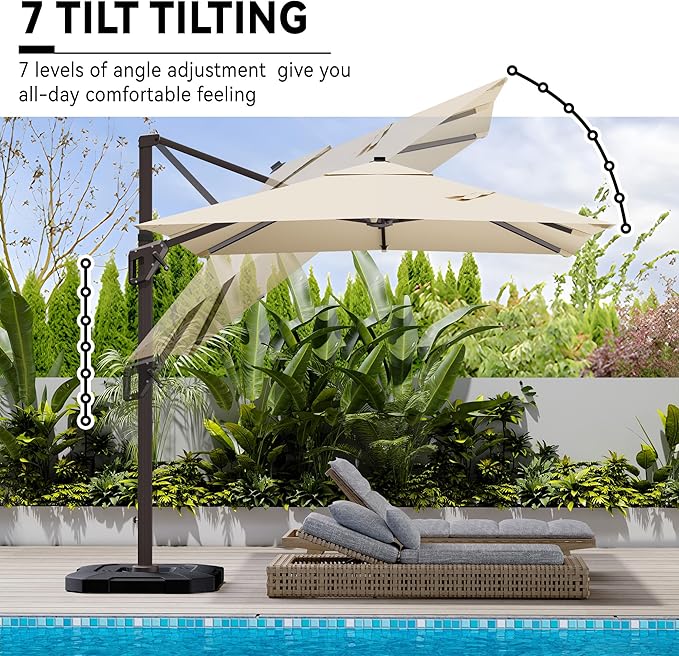 9' X 12' Cantilever Patio Umbrella with Base Included 360°Rotation Rectangular Outdoor Large Offset Umbrellas Heavy Duty Windproof for Garden Deck Pool, Beige