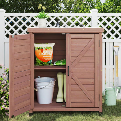 Outdoor Storage Cabinet & Potting Bench Table with Metal Top, Wooden Patio Furniture, Garden Workstation (Royal Brown, 36x31x17in)