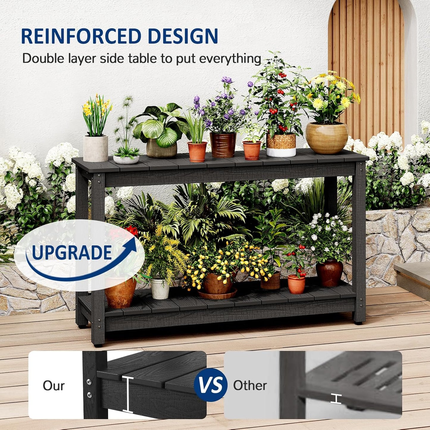 Outdoor Console Table, 48" Weather Resistant HIPS Patio Side Table, 440LBS Weight Capacity, 2-Tier Multifunctional Buffet Bar Storage Organizer for Garden Deck, Black