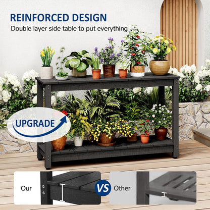 Outdoor Console Table, 48" Weather Resistant HIPS Patio Side Table, 440LBS Weight Capacity, 2-Tier Multifunctional Buffet Bar Storage Organizer for Garden Deck, Black
