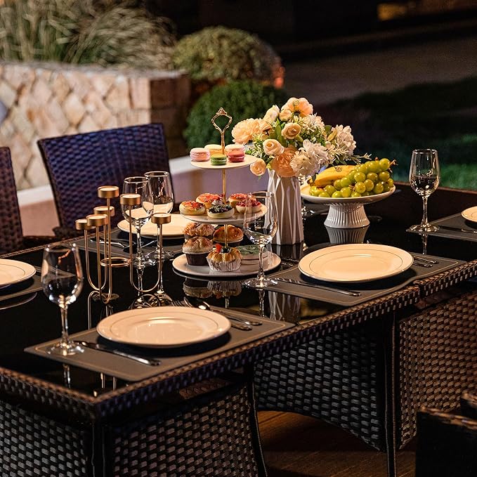 Kurapika 5-Piece Patio Furniture Outdoor Dining Set, Wicker Rattan Patio Dining Table and Chairs Set, Square Tempered Glass Tabletop with 4 Chair Set, Navy Blue