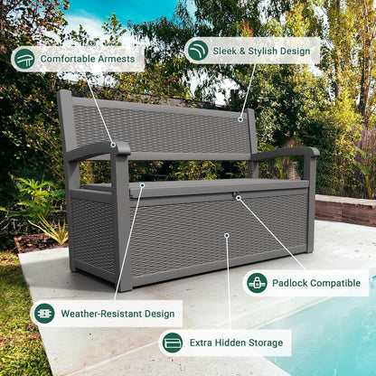80 Gallon Outdoor Storage Box, Resin Patio Furniture with Armrest, Lockable Deck Box with Waterproof and UV Resistant for Patio Cushions, Garden Tools and Pool Supplies, Grey