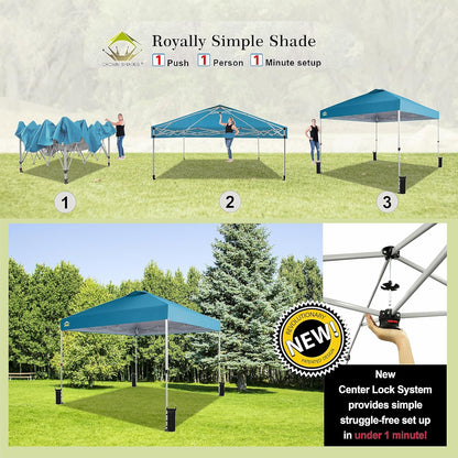 CROWN SHADES 10x10 Pop Up Canopy - Beach Tent with One Push Setup - Easy Outdoor Sun Shade for Events, Parties, Camping - Gazebo with STO-N-Go Cover Bag, Silver Coated Top, Cyan Blue