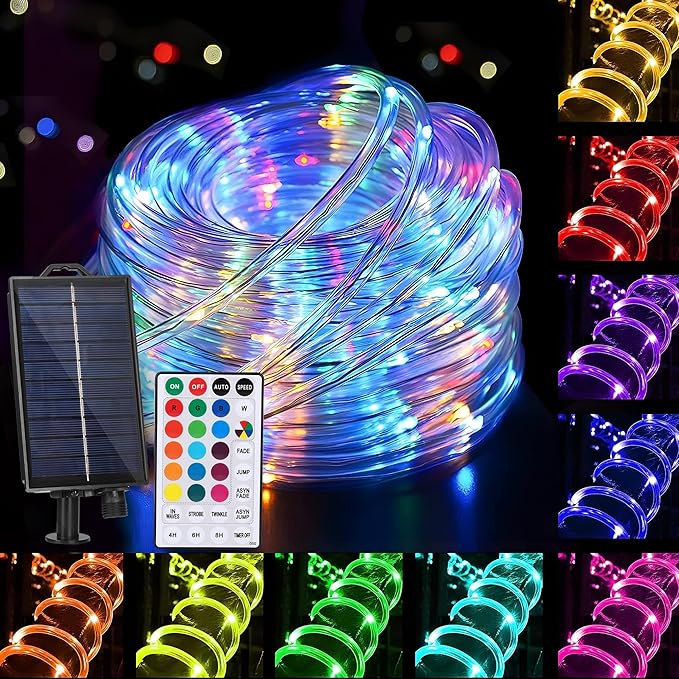 XEWEA Solar Rope Lights Outdoor,16Colors 66LED 39Ft String Light with 20Modes Remote, Solar Powered Rope Tube Lights for Garden Fence Paito Yard Christmas Decoration