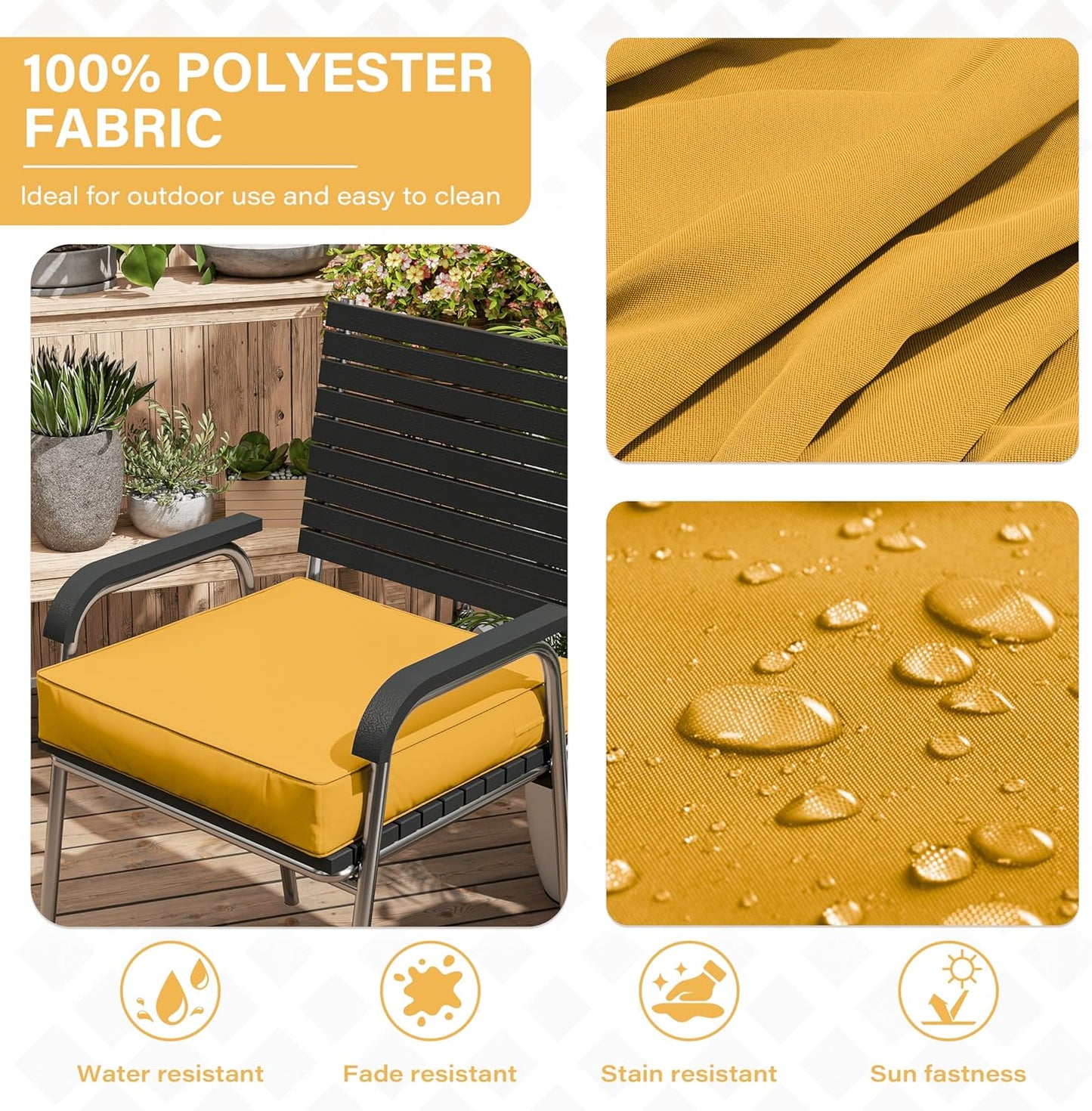 Patio Chair Cushions 19 X 19 X 4 Inch Waterproof Outdoor Seat Cushions for Patio Furniture, Outdoor Sofa Couch Pads with Ties & Handle, Set of 2, Yellow