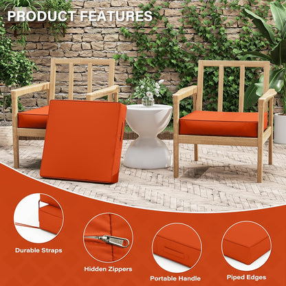 Patio Chair Cushions 22 X 22 X 4 Inch Waterproof Outdoor Seat Cushions for Patio Furniture, Outdoor Sofa Couch Pads with Ties & Handle, Set of 2, Orange