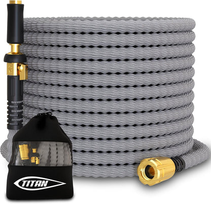 TITAN Flexible Garden Hose 15FT – Ultra Lightweight, Heavy Duty Water Hose with Brass Fittings & Jet Nozzle – Kink-Free, Non-Expanding, Durable Fabric Hose for Yard, Lawn, Car Wash, Outdoor Use