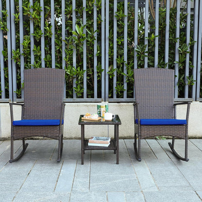 Outdoor Rocking Chairs Set - 3 High-Backed Patio Rockers with Bistro Table & Anti-Slip Cushions, Dark Blue