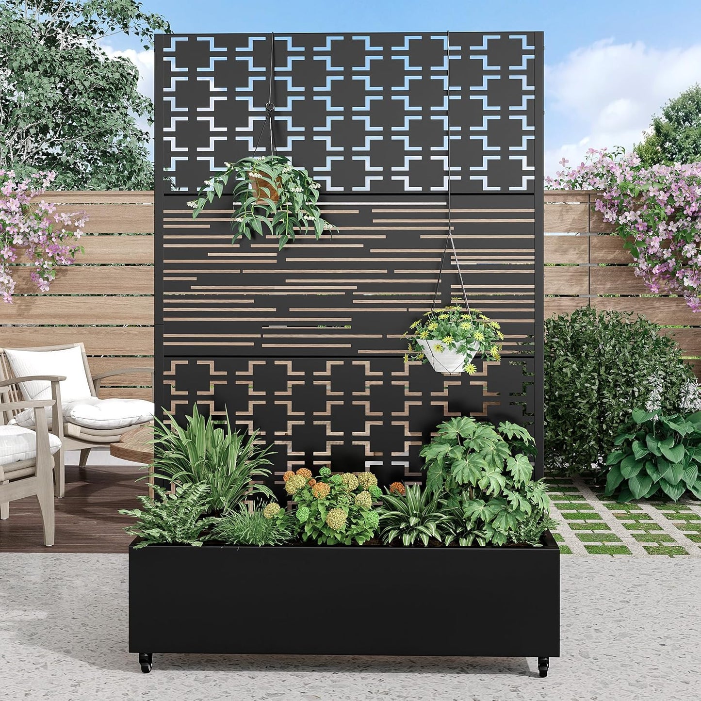 Casaphoria Metal Raised Garden Bed with Trellis and Wheels, 72"x47"x16" Planter Box for Climbing Plants, Vegetables & Vines, Features Drainage Holes and Privacy Screen, Black(Parallel&Louvered)