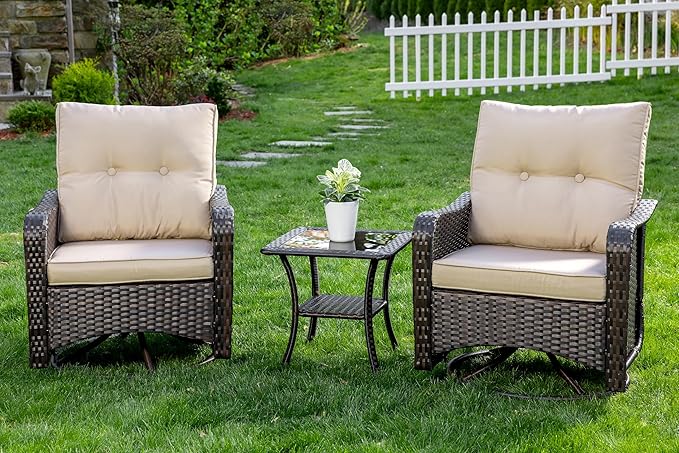 Gotland 3 Pieces Patio Set, Outdoor Swivel Chairs Set of 2 with 4'' Waterproof Cushions High Back Double-Layer Side Table, Wicker Rocking Patio Chairs Set of 2 for Balcony, Porch, Garden