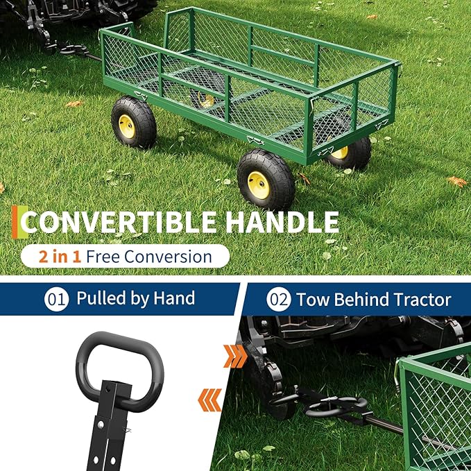 GarveeLife 900 LBS Garden Cart on Wheels with Adjustable Handles, Heavy Duty Steel Garden Wagon with Removable Mesh Sides to Convert into Flatbed, Wagon Cart for Lawn Farm Yard
