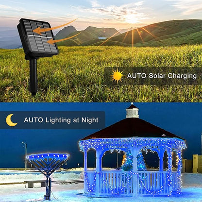 Solar String Lights for Outside, 39Ft 100 LED Solar String Lights Outdoor with 8 Modes，Solar Lights for Outside Waterproof for Yard, Fence,Balcony, Party,Christmas Tree Decorations (Blue&White)