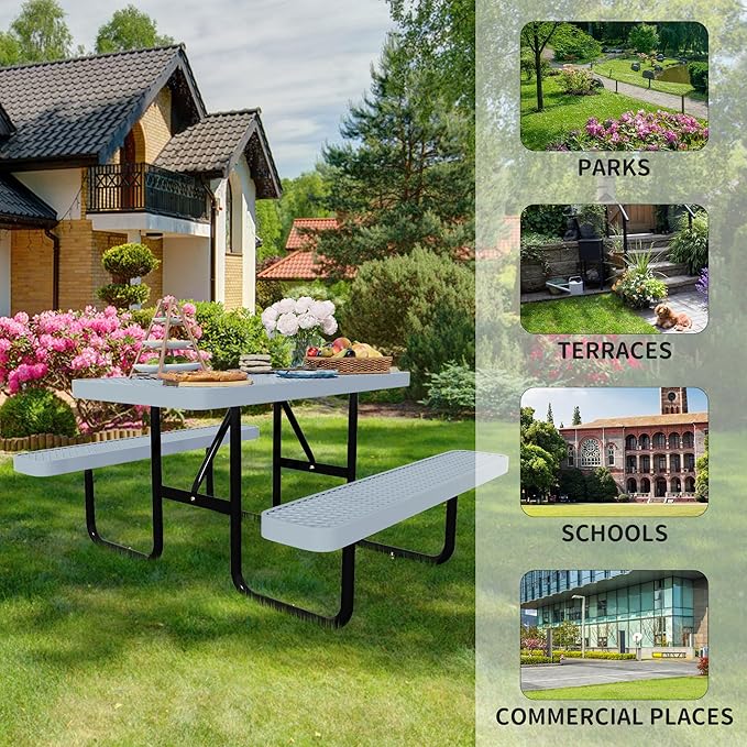 48'' Rectangular Steel Picnic Table for Outdoors,Commercial Metal Picnic Table Bench Set with Umbrella Hole,School Canteen Table W/Seats - Heavy Duty Sturdy Picnic Tables for Patio Garden