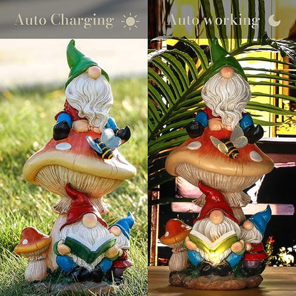 TERESA'S COLLECTIONS Garden Gnomes Statues Decorations for Yard with Solar Lights, Resin Gnome on Mushroom Reading Garden Decor Outdoor for Patio Lawn Ornaments,Ideal Gifts for Dad and Mom, 12.6"
