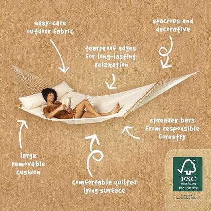 LA SIESTA® Alabama Quilted Hammock with Spreader Bar, Padded Fabric Hammock with Pillow, Weatherproof Outdoor Hammock, 2 Person Double Hammock for Outside Heavy Duty - Max 355 Lbs, XL King, Vanilla