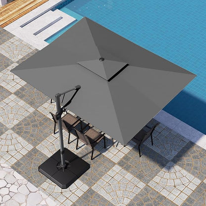 PHI VILLA Cantilever Patio Umbrella with Base, 9' X 12' Outdoor Large Rectangluar Umbrellas with 360°Rotation, Heavy Duty Hydraulic Double Umbrella Windproof for Outside, Deck, Garden, Porch, Grey