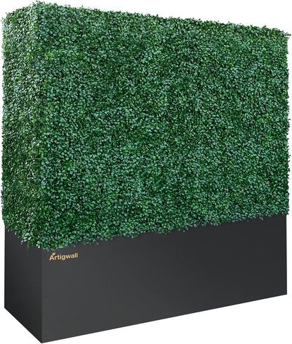 Artificial Boxwood Hedge Divider Wall with Black 201 Stainless Steel Planter Box (60" L X 48" H X 14" D)