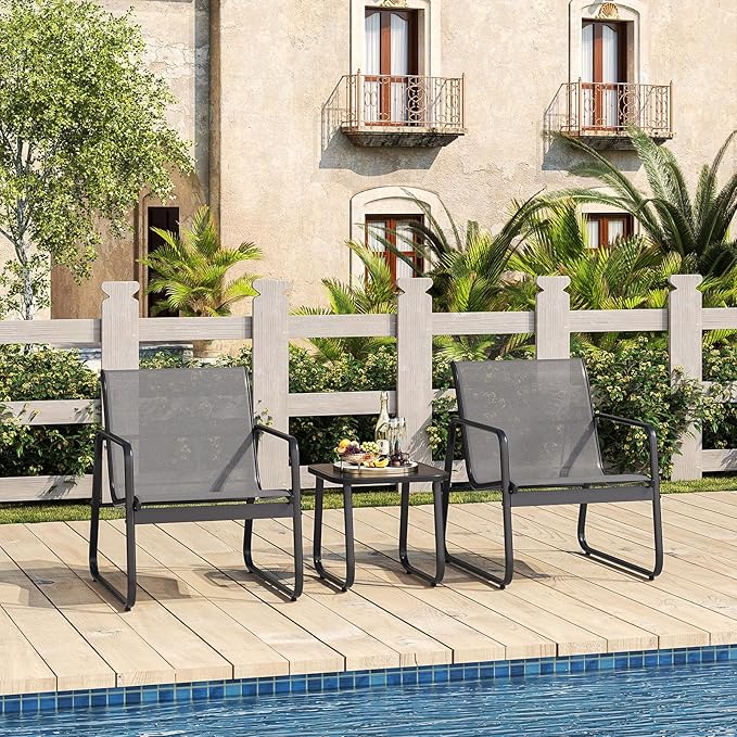 Gizoon Patio Chairs Set of 2, 3 Piece Patio Furniture Set, Bistro Sets,with Textilene Fabric, Metal Frame Coffee Table, Outdoor Chairs Set, for Balcony, Backyard,Lawn, Garden, Poolside, Grey