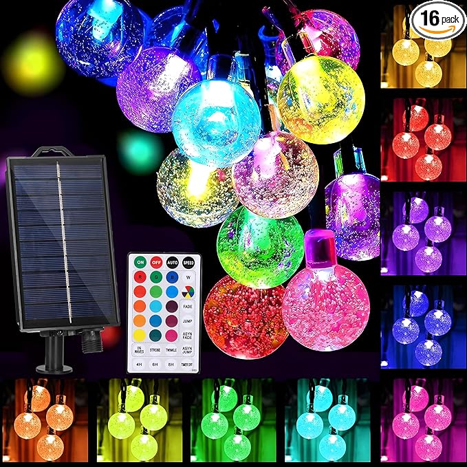 XEWEA Solar String Lights Outdoor 16 Colors 66 LED 39Ft Waterproof Outdoor String Lights with 20 Modes Remote Solar Powered Crystal Globe Lights for Garden Home Party Christmas Decorations