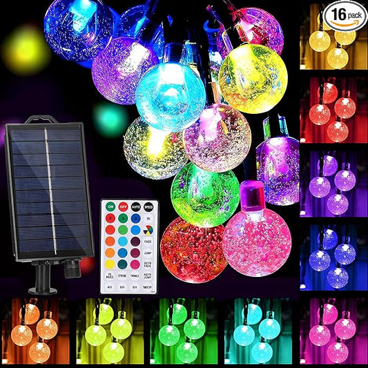 XEWEA Solar String Lights Outdoor 16 Colors 66 LED 39Ft Waterproof Outdoor String Lights with 20 Modes Remote Solar Powered Crystal Globe Lights for Garden Home Party Christmas Decorations