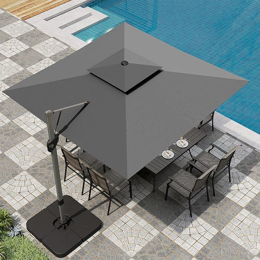 PHI VILLA 10ft Cantilever Patio Umbrella, Outdoor Large Square Umbrellas with 360°Rotation, Heavy Duty Hydraulic Double Umbrella Windproof for Outside, Pool, Deck, Garden, Porch, Grey(No Base)