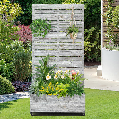 FENCY Metal Raised Garden Bed with Wheels and Trellis,73"x35"x16" Planter Box for Climbing Plants, Vegetables & Vines, Features Privacy Screen and Drainage Holes (White Wood Color)