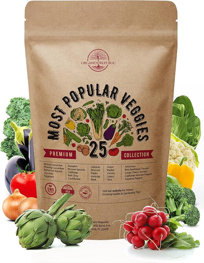Organo Republic Vegetable Seeds for Planting Vegetables and Fruits - 25 Non-GMO Heirloom Seed Packets for Hydroponic and Outdoor Planting, Semillas de Vegetales para Sembrar