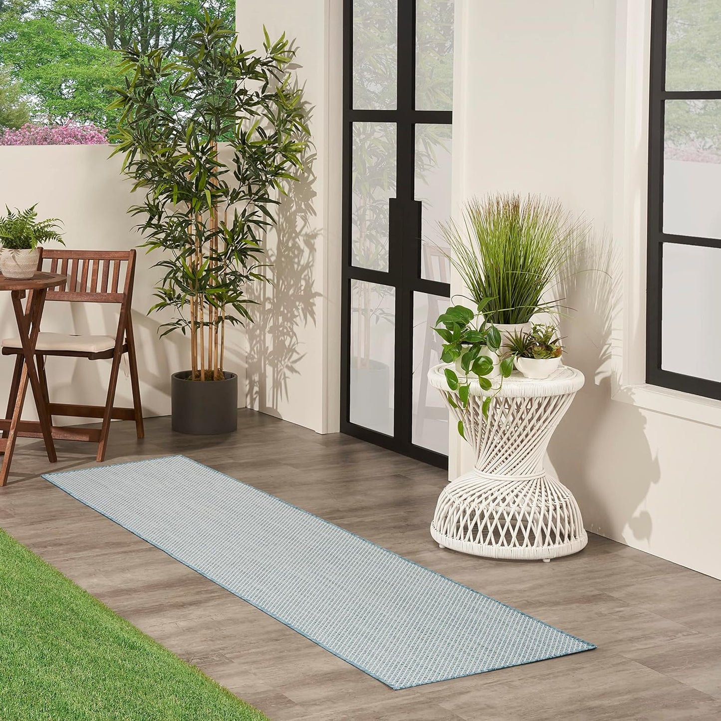 Nourison Home Courtyard Indoor/Outdoor Ivory/Aqua 2'2" x 10' Area Rug, Easy Cleaning, Non Shedding, Bed Room, Living Room, Dining Room, Backyard, Deck, Patio (2x10)