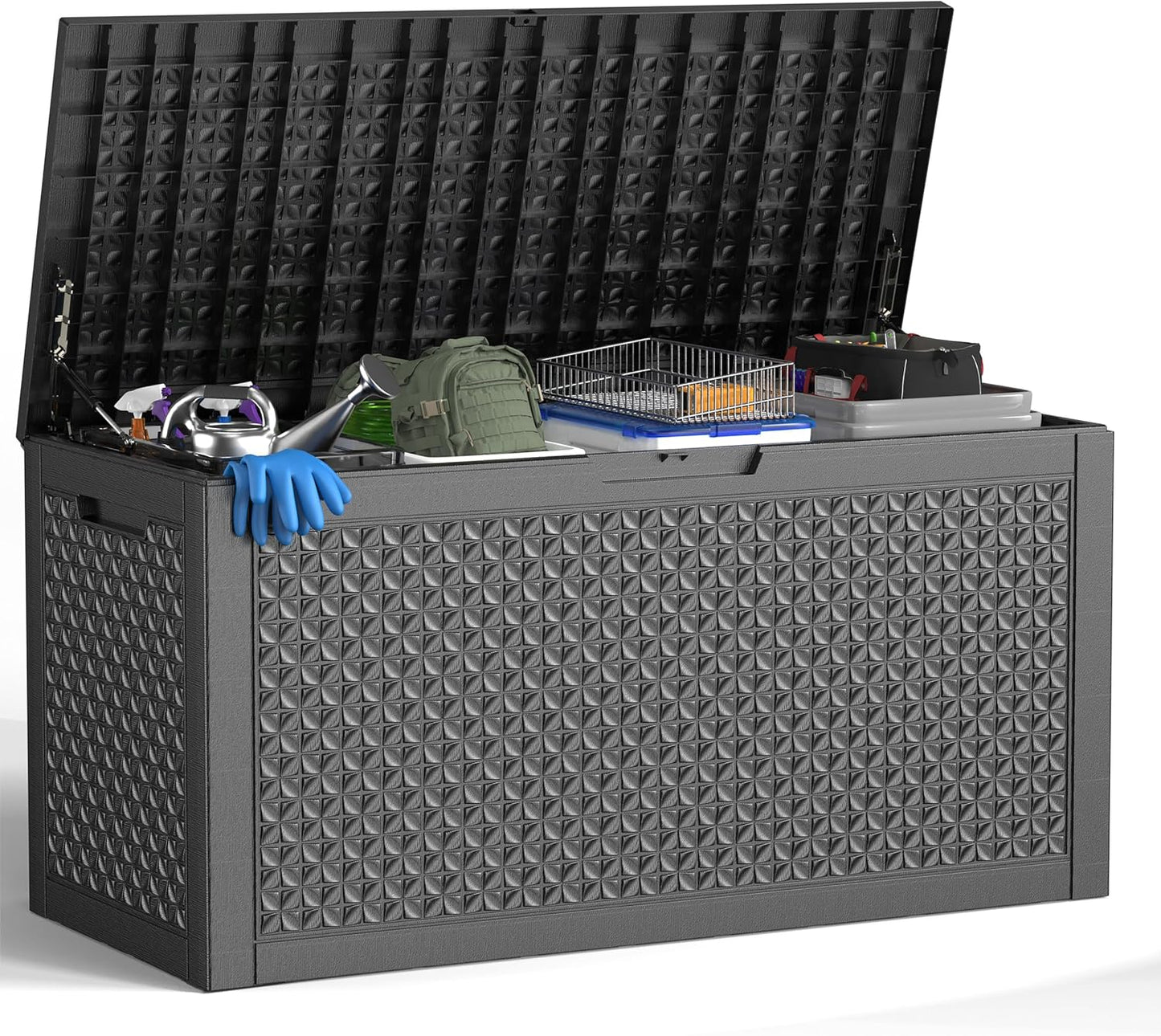 100 Gallon Waterproof Outdoor Storage Box,Resin Deck Box,Lockable Outside Storage Box Container for Patio Furniure,Garden,Pool Tools (100 Gallon,Black pattern)