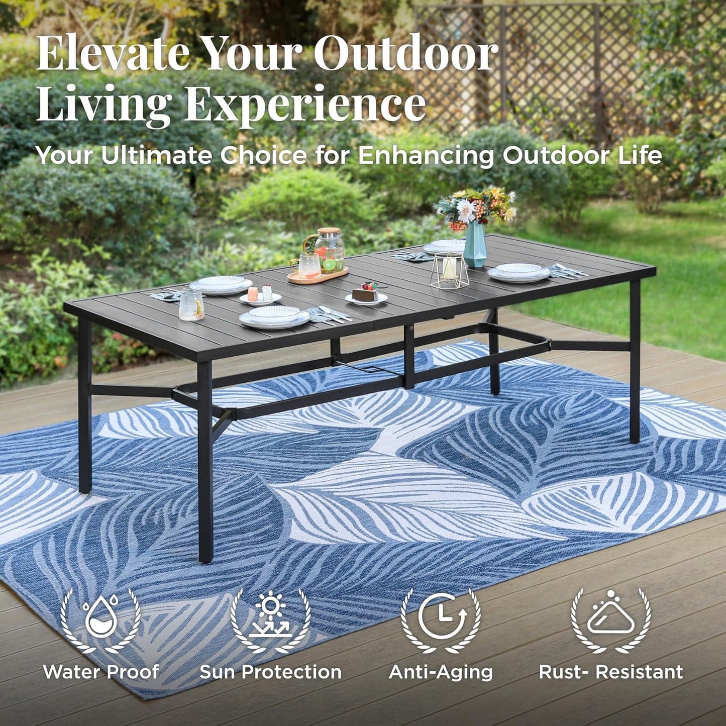 Outdoor Patio Dining Table for 8, 83" x 39" Rectangular Metal Patio Dining Table with 1.7" Umbrella Hole for Garden, Backyard and Porch