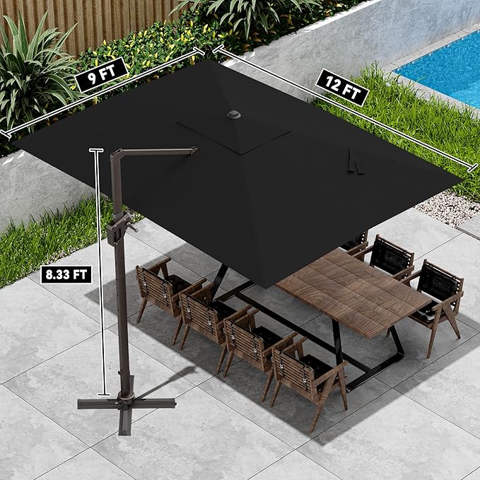 9' X 12' Cantilever Patio Umbrella 360°Rotation Rectangular Outdoor Large Offset Umbrellas Heavy Duty Windproof for Garden Deck Pool Backyard, Black