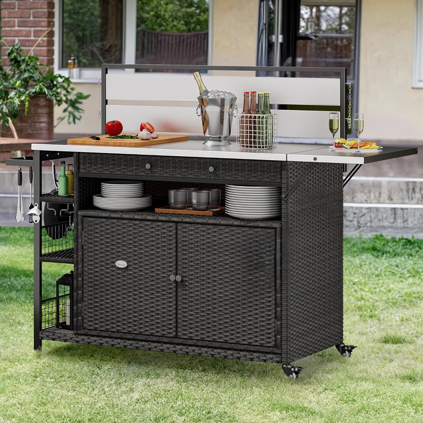 YITAHOME XL Outdoor Kitchen Island, Outdoor Bar Table & Storage Cabinet, Wheels and Stainless Steel Extended Table Top, Side Handle for Patio Kitchen or Bar Cart, Dark Brown